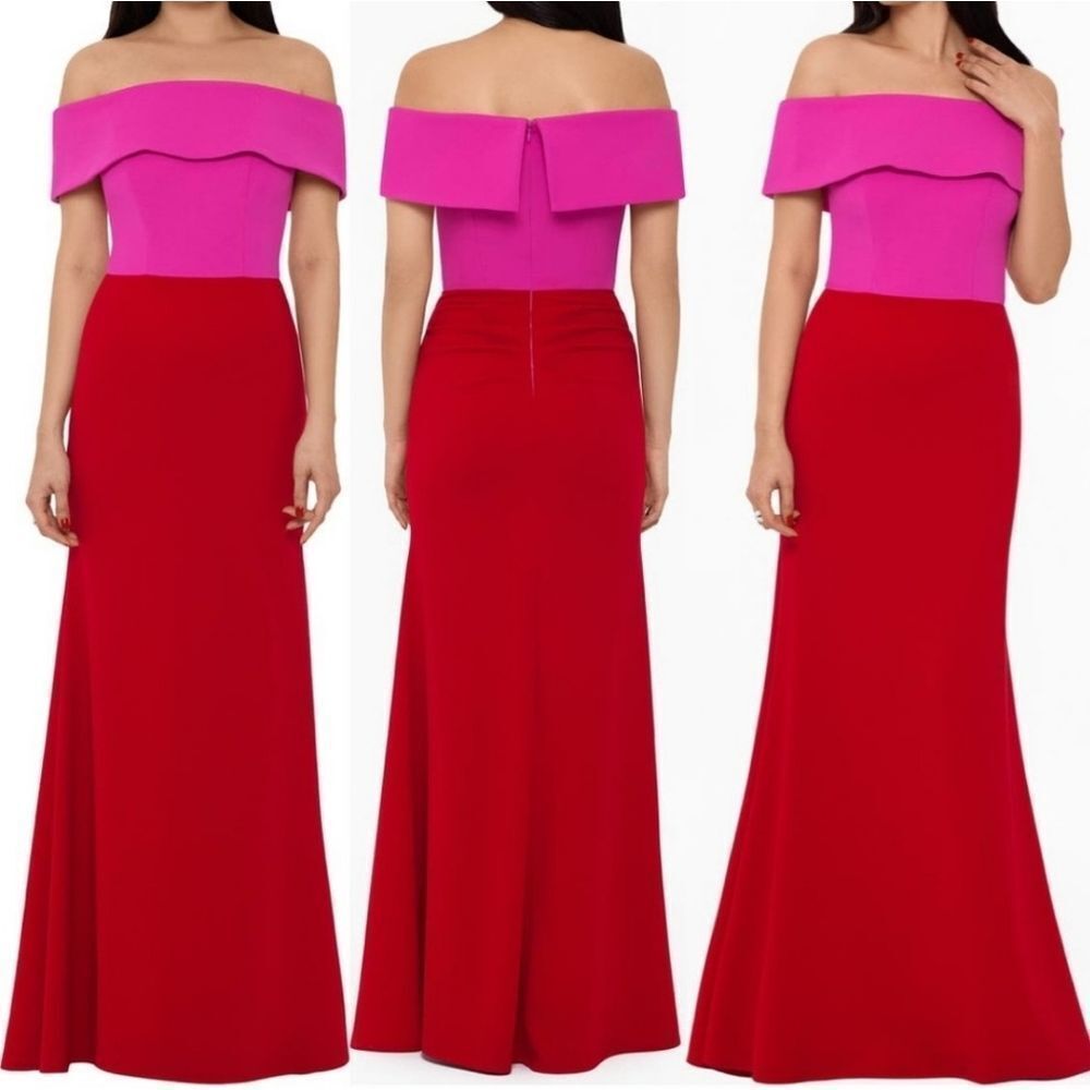 Betsy and Adam Women's Color Block off shoulder Full length Formal Gown